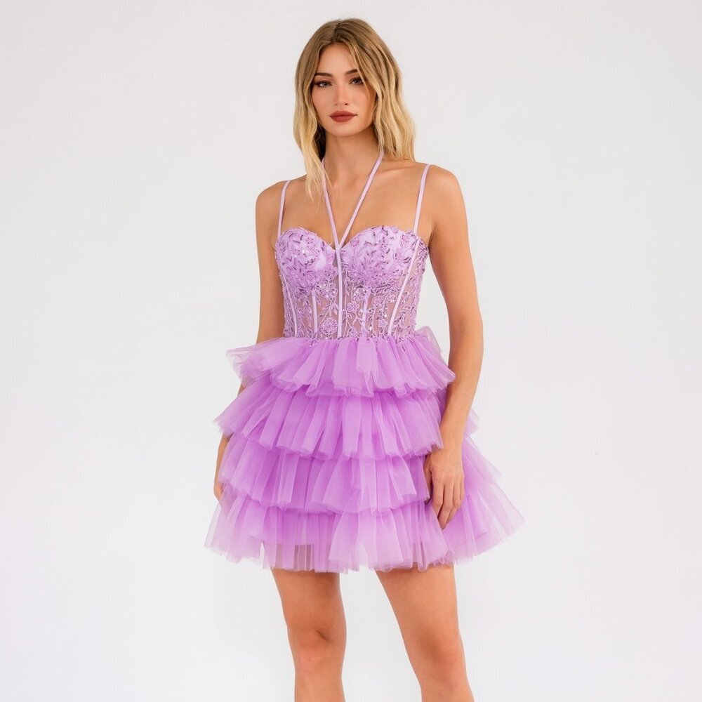 New Short Homecoming Tulle Gown w/ Sheer Boned Bodice & Ruffled Skirt JT923S